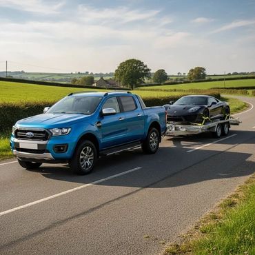 Blue pickup truck towing a black sports car on a trailer through the countryside.