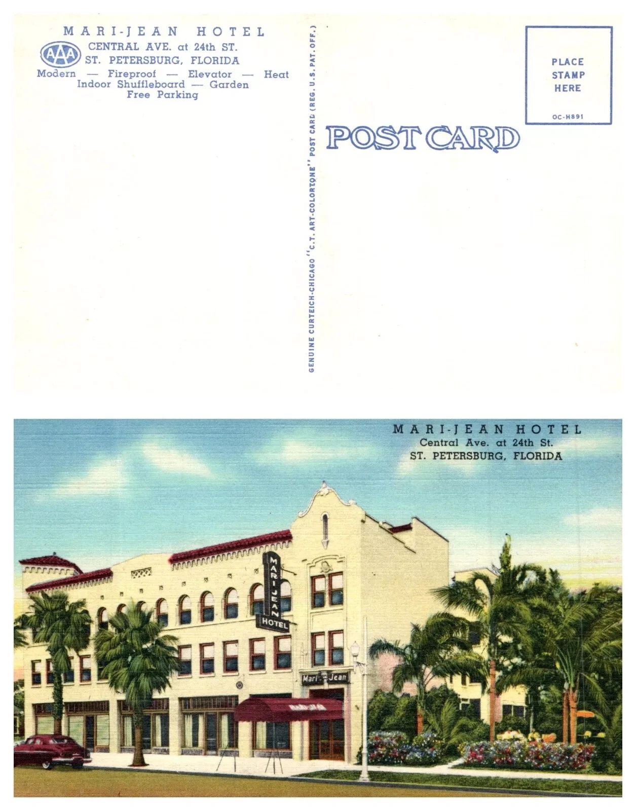 Vintage postcard of Mari-Jean Hotel in St. Petersburg, Florida, showcasing its classic architecture and palm trees.