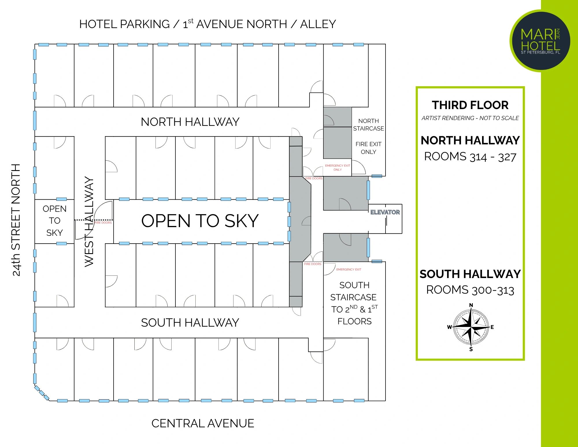 Third floor layout of the Mar Jean Hotel showing north and south hallways with rooms 300-327.