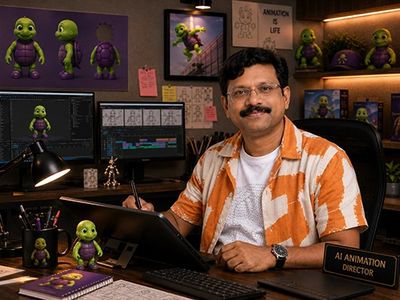 An animation director at work surrounded by turtle character models and animation sketches.