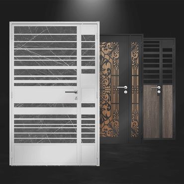 Three modern metal doors with distinct patterns and finishes against a dark background.