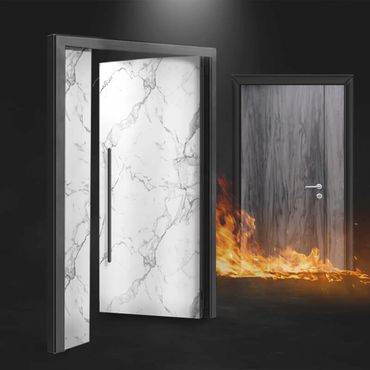 A marble door stands open to a burning wooden door in a dark setting.