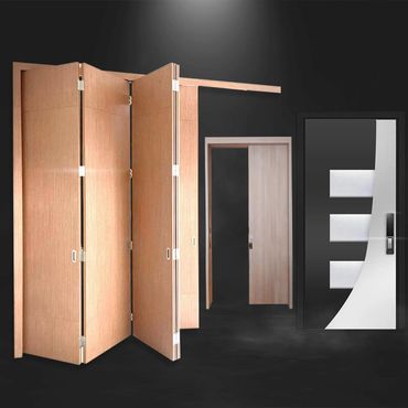 Three different modern door designs displayed against a dark background.