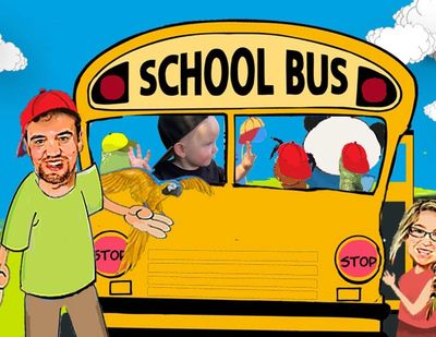 A cartoon image with school bus inside the children and front of Man man