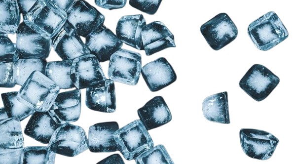 Scattered translucent ice cubes with frosty centers on a black background.