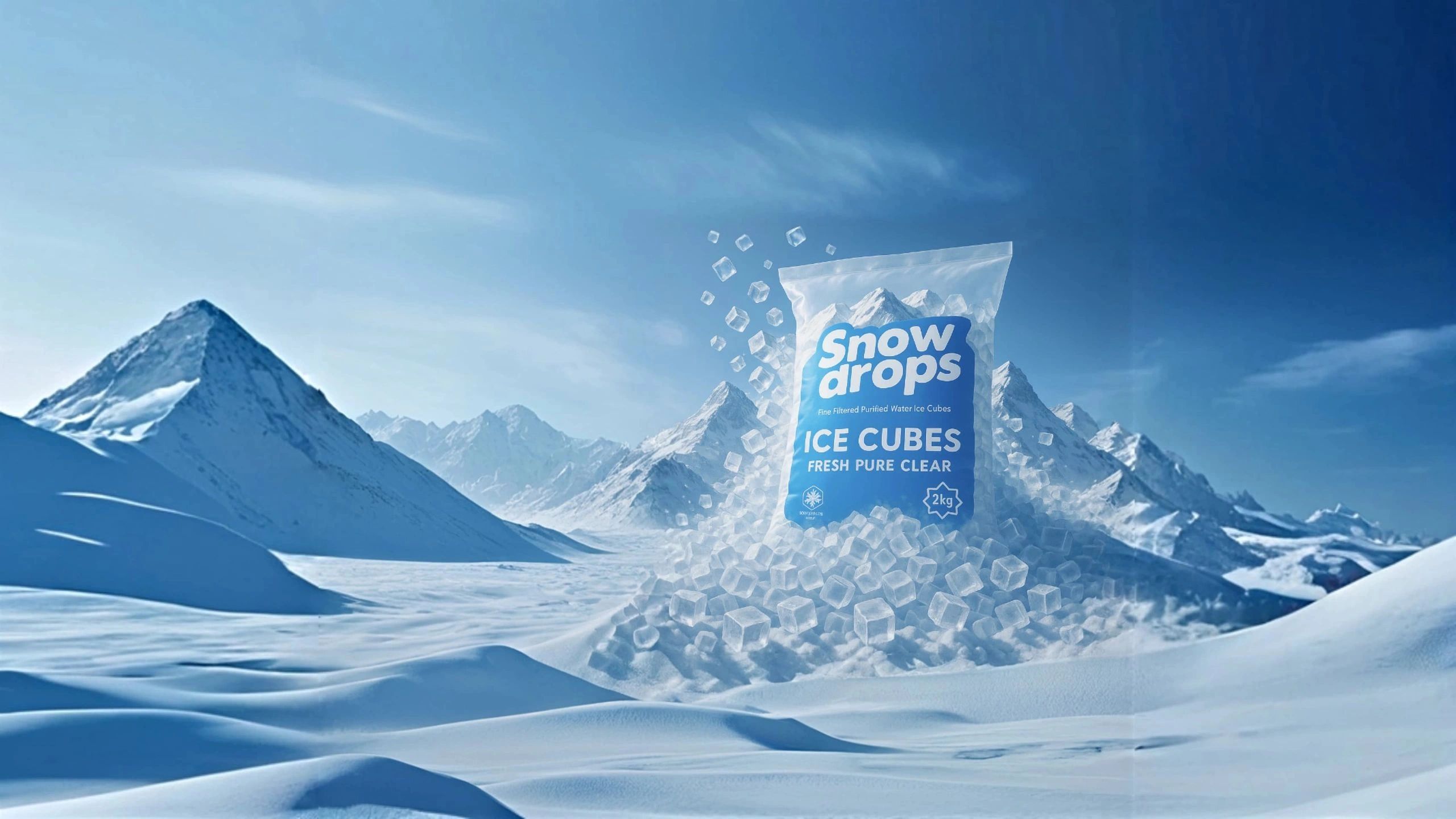 A bag of Snow Drops ice cubes in a snowy mountain landscape.
