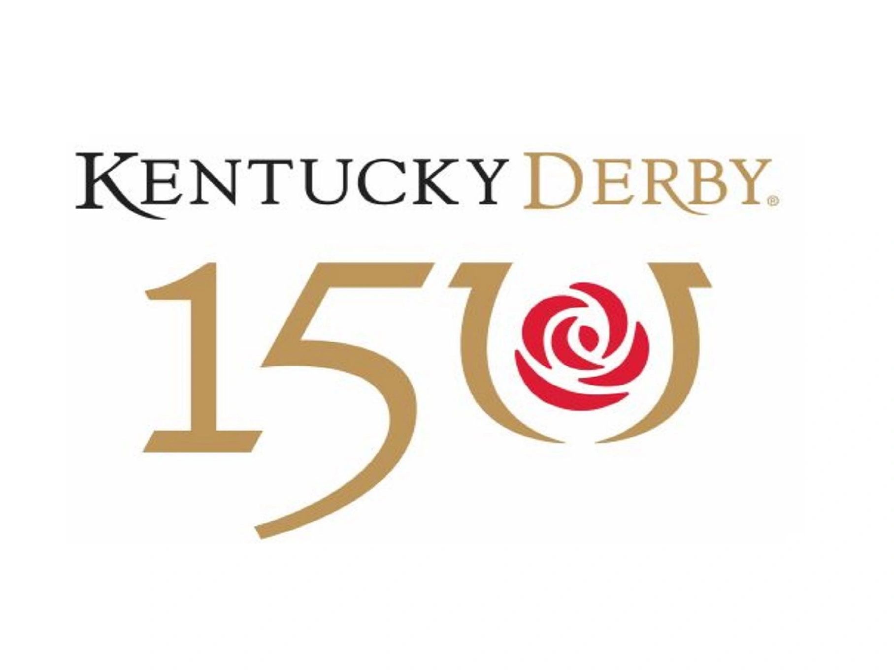 Kentucky Derby 150th anniversary logo with a red rose inside a horseshoe.