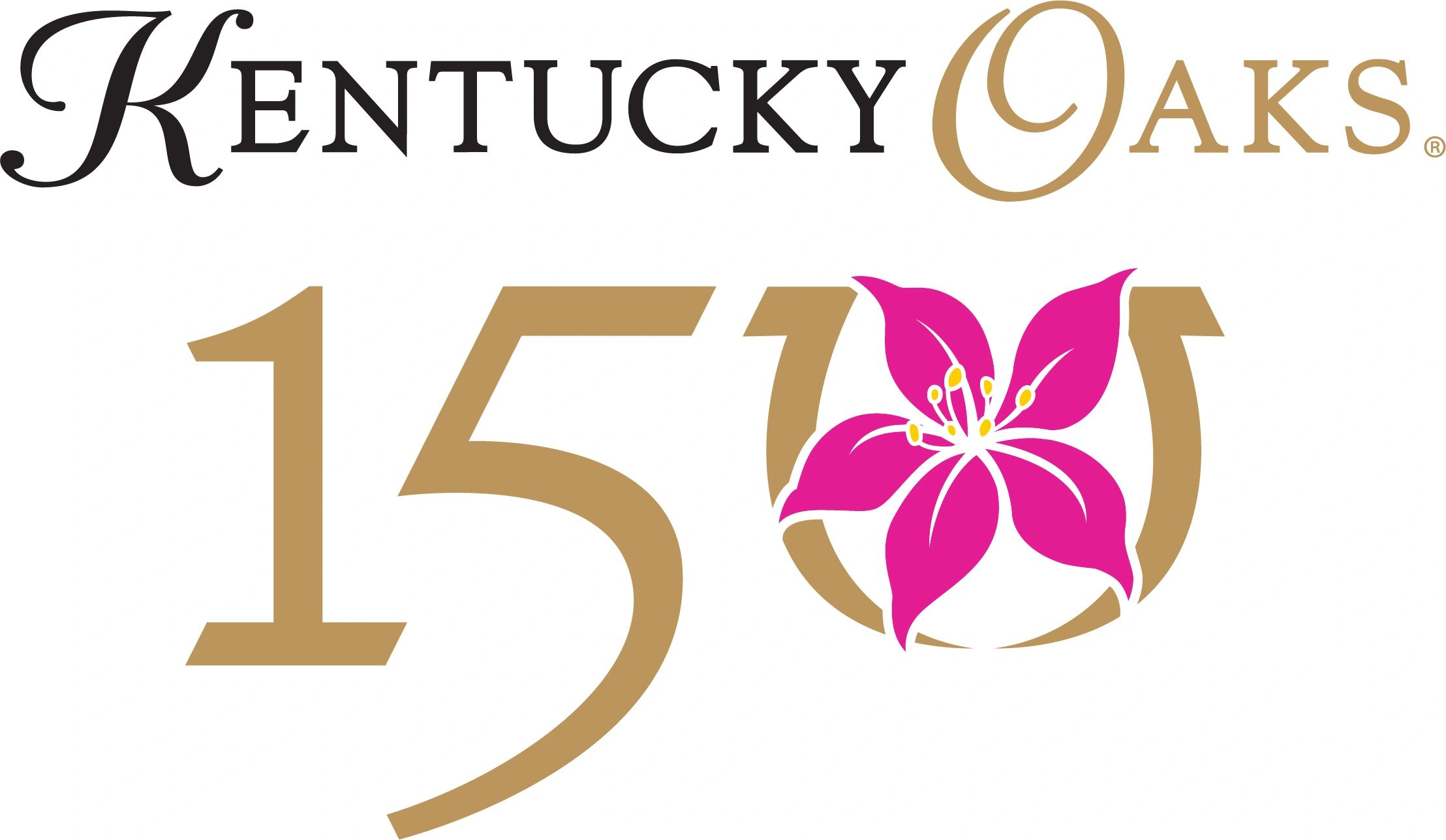 Kentucky Oaks 150th anniversary logo featuring a pink flower and gold text.