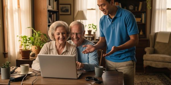 Young man helping elderly couple with a laptop in a cozy living room.
