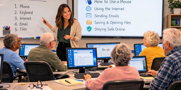 A young instructor teaching computer basics to senior students in a classroom setting.