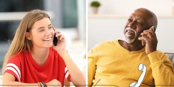 Young woman and older man happily talking on phones, separated by a split screen.