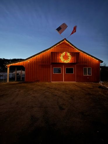 Christmas lights at the Skyfall Ranch barn