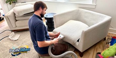 Professional upholstery cleaning by Pacific Steam Carpet Cleaning, removing stains and soil
