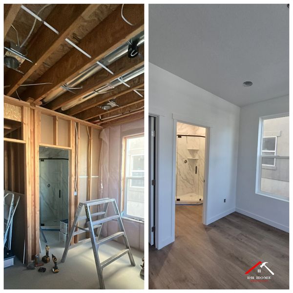 Before and after by DR Home Services showing a project where drywall, painting and trim was done.
