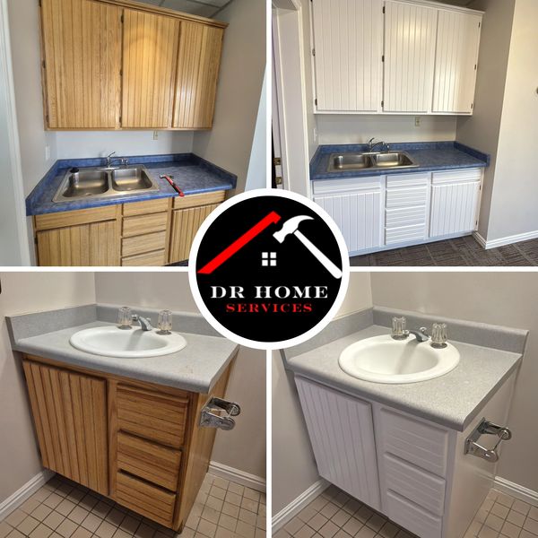 Kitchen cabinets were painted by DR Home Services, before and after.