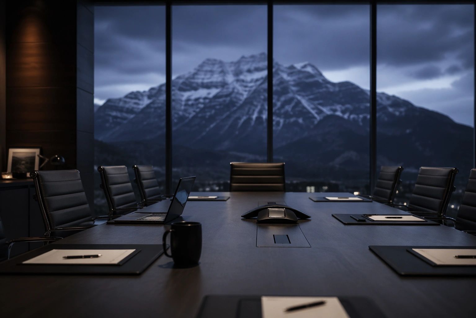 A sleek conference room with a mountain view through large windows at dusk.