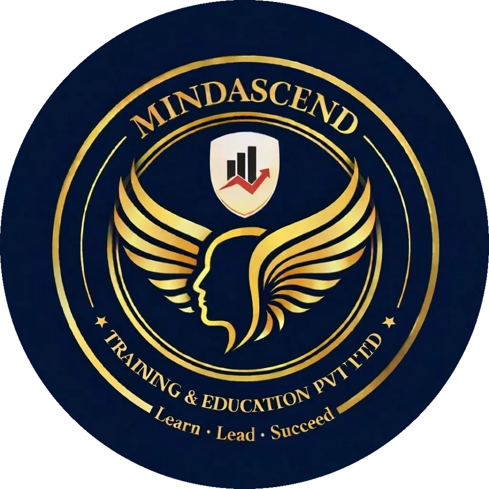 Gold and navy logo of Mindascend Training & Education Pvt Ltd with wings and a head silhouette.