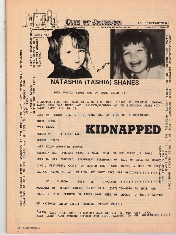 Kidnapped poster from Inside Detective Magazine; RGH Publishing, NY; May 1986