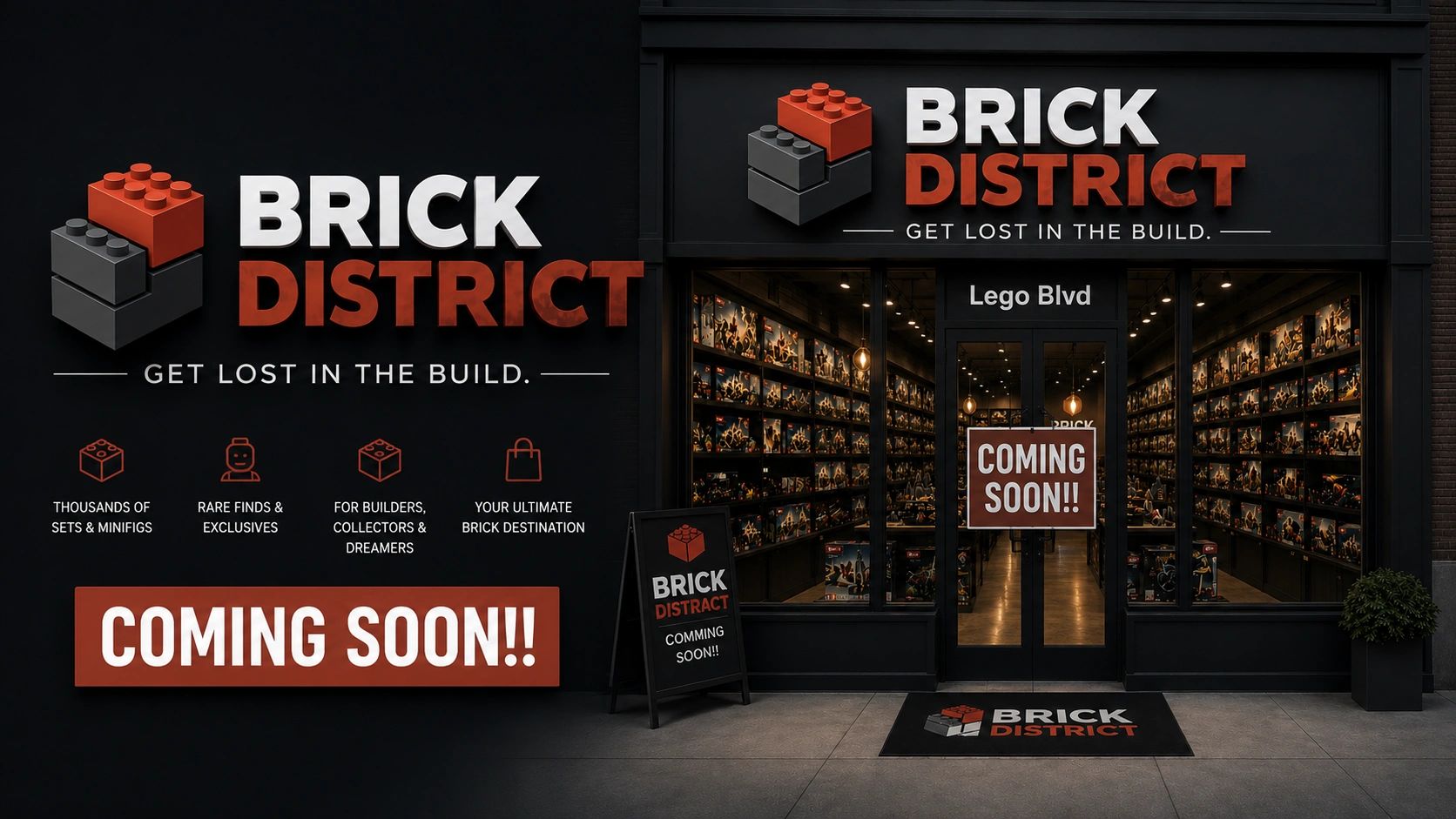 Brick District store opening soon with Lego-themed branding.