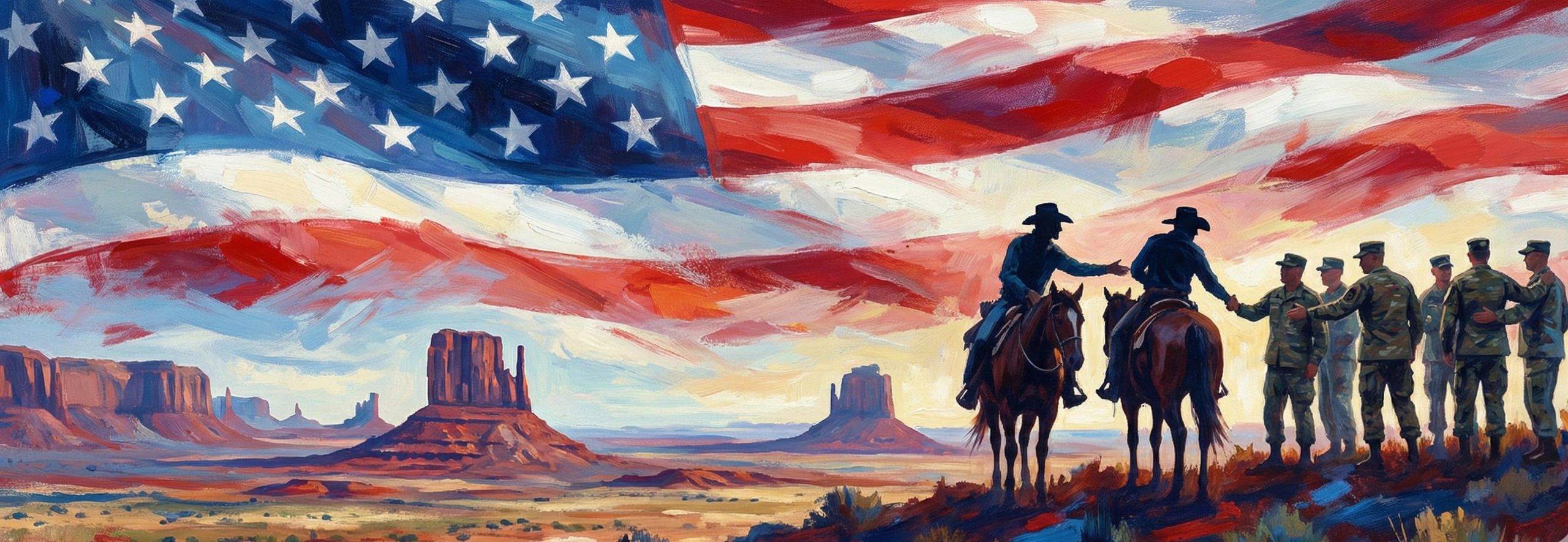 Cowboys and soldiers unite under a vast American flag in a desert landscape.