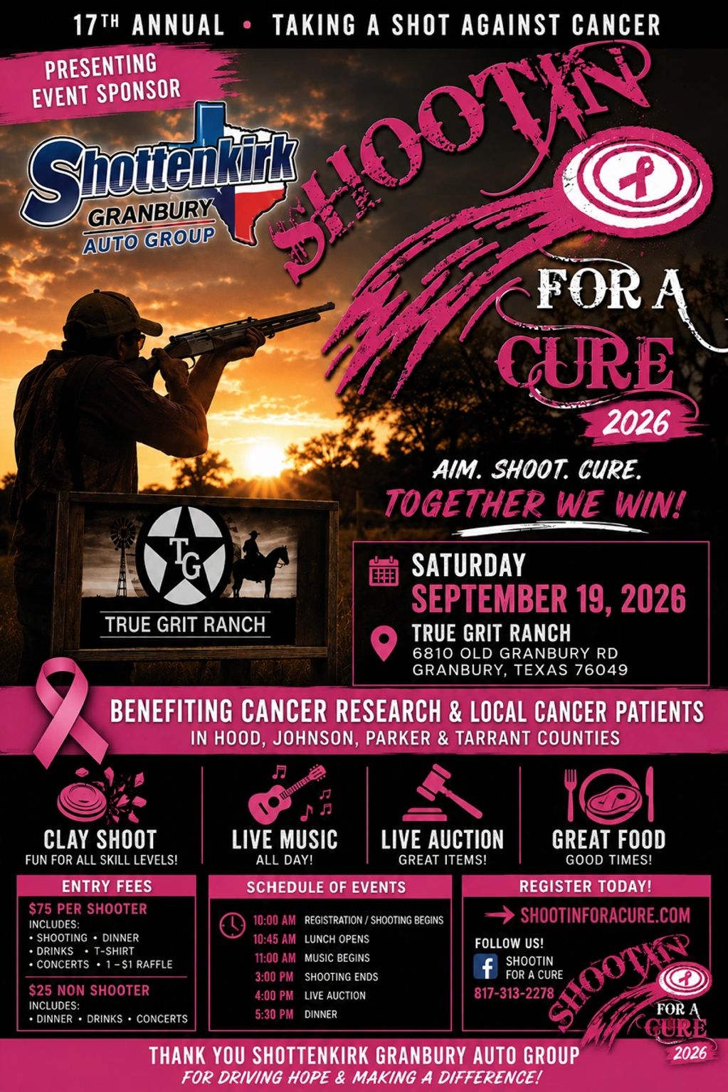 Flyer for the 17th Annual Shootin' for a Cure cancer fundraiser event at True Grit Ranch.