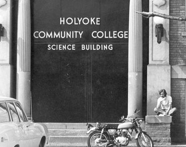A black and white photograph of the Holyoke Community College Science Building.