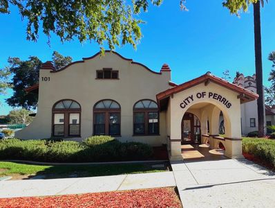 City Hall of Perris, California, showcasing the municipal building's architecture and grounds.