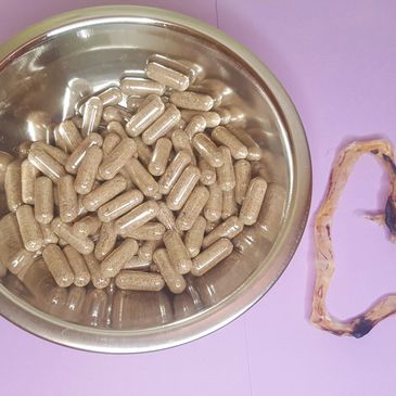 dehydrated placenta capsules in a metal bowl with a dehydrated umbilical cord in the shape of heart 