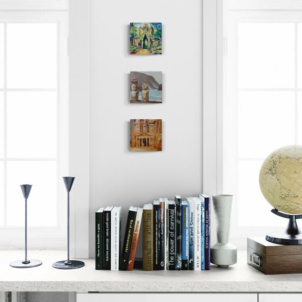 "Angkor Wat" "Easter Island" & "Petra", oil on canvas, 6" x 6" each Available by Mel Fiorentino