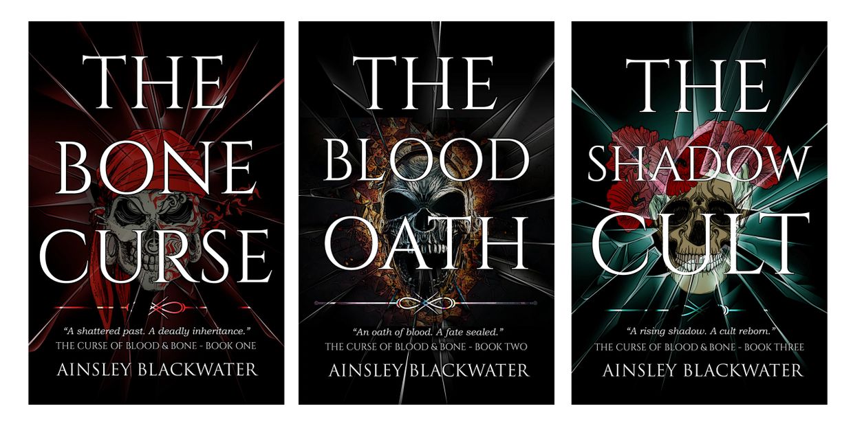 Book covers of a dark fantasy trilogy by Ainsley Blackwater.