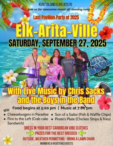 Flyer for Elk-Arita-Ville party with live music and Caribbean vibes on Sept 27, 2025.