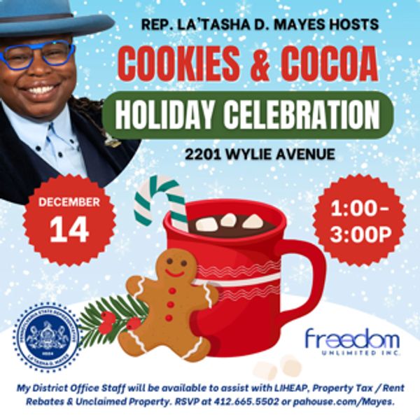 Join Rep. La'Tasha Mayes to celebrate the holiday season on Sunday, December 14th, 1p-3p.