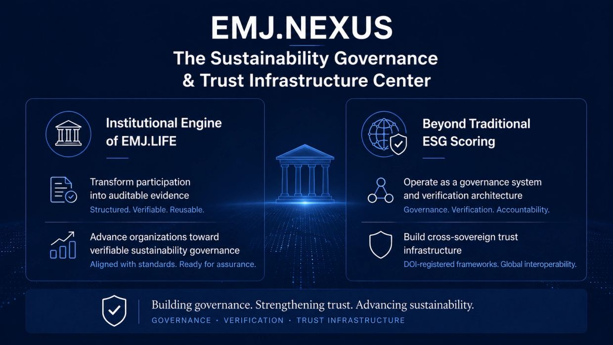 Diagram of EMJ.NEXUS sustainability governance and trust infrastructure.