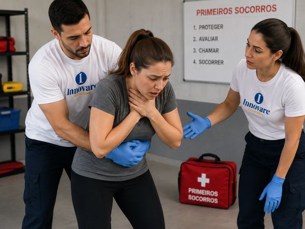 Socorristas ajudam mulher com engasgo em treinamento.