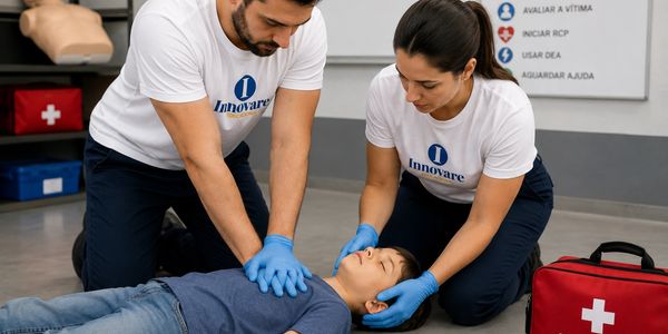 Treinamento de primeiros socorros com duas pessoas atendendo uma criança.