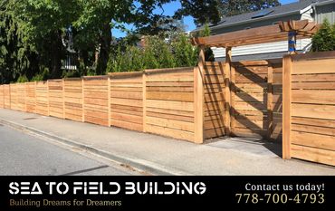 custom fencing, cedar privacy fence, modern fence design, horizontal slat fence, entry gate, pergola