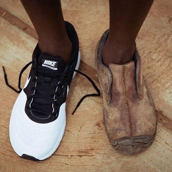 Shoe on right is a typical shoe that has been replaced by Kick Dreams United to help youth.