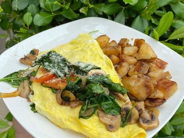 Spinach Florentine Omelette - spinach, mushrooms, onions, tomatoes with provolone cheese