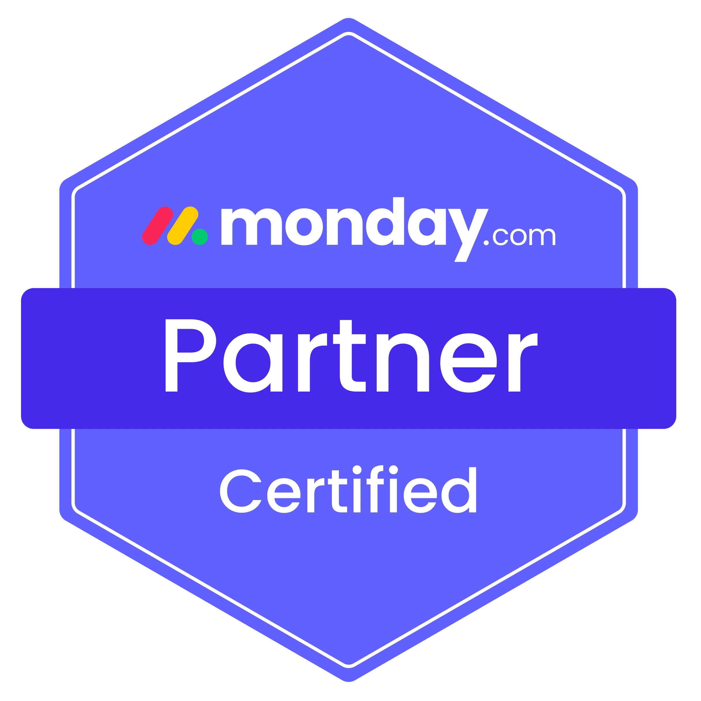 Monday.com Partner Certified badge in blue hexagonal shape.