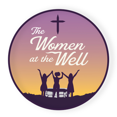 Logo for The Women at the Well with three women and a cross.