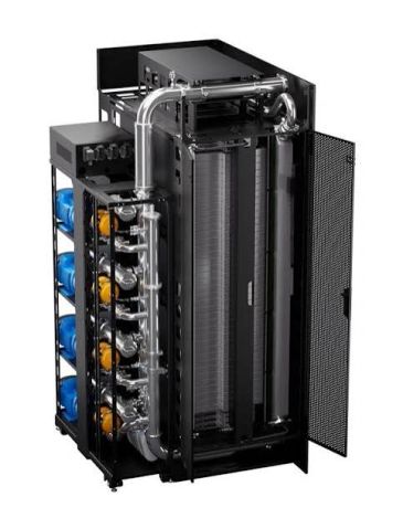 Industrial vertical air conditioning system with fans and pipes.