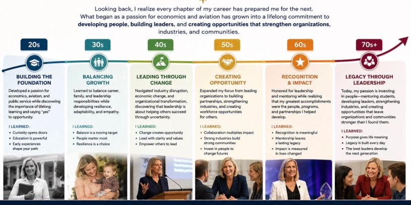 Career growth and leadership development through decades.