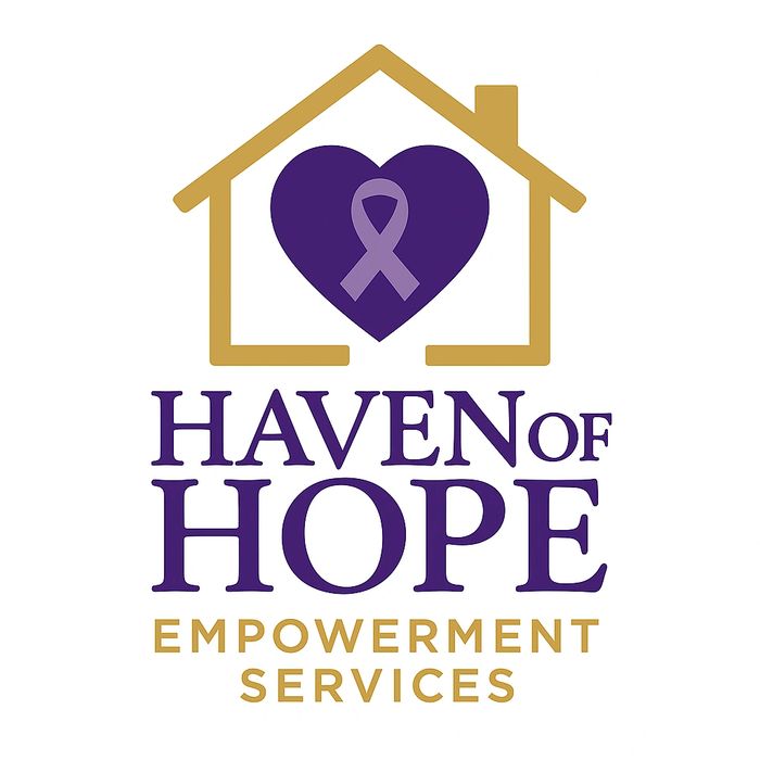 Logo of Haven of Hope Empowerment Services with a house, heart, and purple ribbon.