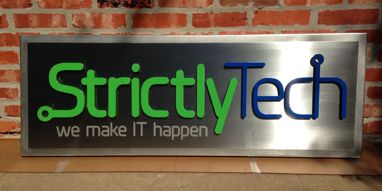 Brushed stainless steel sign with raised powder coated logo and etched tag line. 