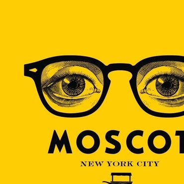 Vintage-style logo of Moscot eyeglasses with detailed eyes and a yellow background.