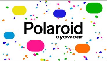 Colorful Polaroid eyewear logo with scattered vibrant shapes.