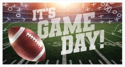 Football game day announcement with a ball and field.