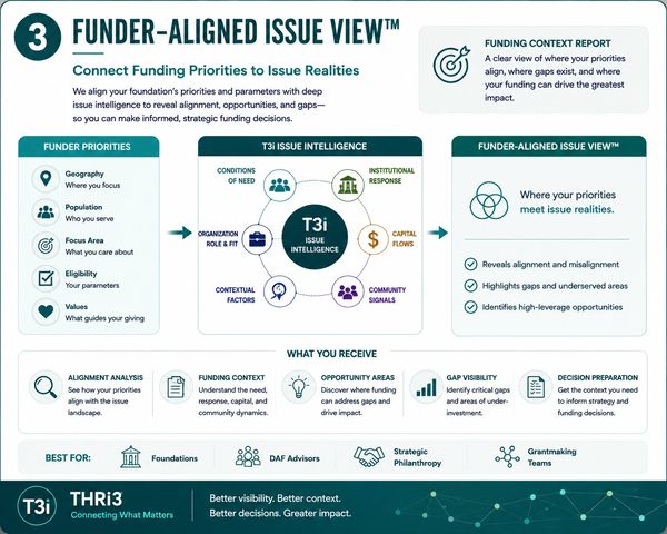 Infographic explaining the Funder-Aligned Issue View for strategic funding decisions.