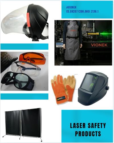 Collage of laser safety products including goggles, gloves, apron, helmet, and protective screens.