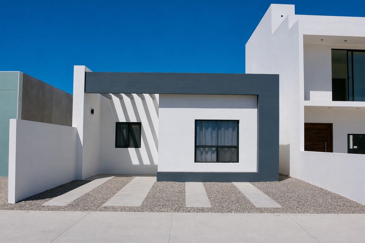 Modern minimalist white house with gray accents and gravel driveway under clear blue sky.